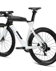 45 degree Non-drive side view of Factor Slick complete triathlon bike in shadow white, equipped with SRAM Red groupset and power mete
