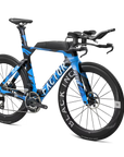 Front 45-degree drive side view of Factor Slick complete triathlon bike in nebula blue, equipped with SRAM Red groupset and power meter