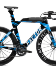 Drive side view of Factor Slick complete triathlon bike in nebula blue, equipped with SRAM Red groupset and power meter